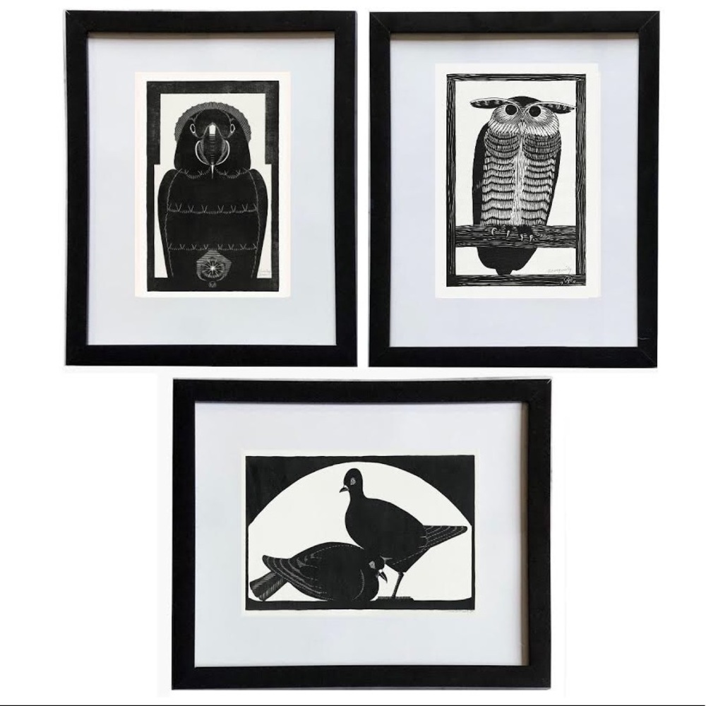 3 Framed Bird Block Print, Prints.